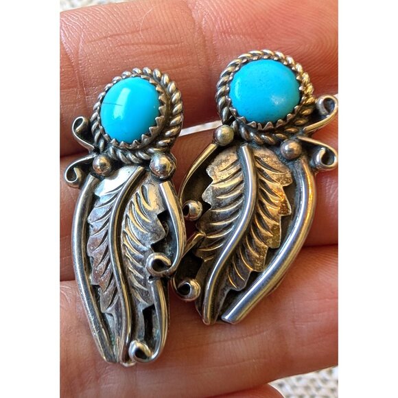 Navajo Jewelry - Vtg Native American Navajo Sterling silver Turquoise earrings 9.0g H. Etsitty